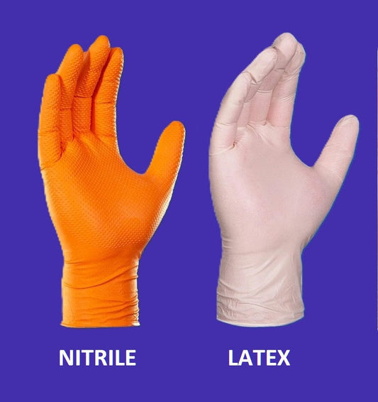 2 gloved hand side by side. On the left, one wearing an orange nitrile glove - with the legend "NITRILE" below it. On the right, a gloved hand wearing a natural colored Latex glove with the legend "LATEX" below it.