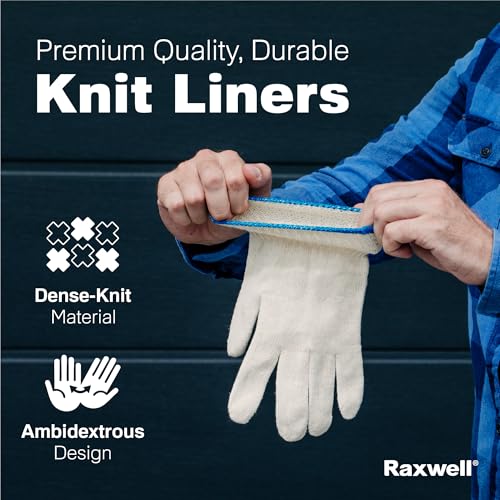 A person in a blue shirt showcases the liners for these Raxwell BBQ Gloves. Text highlights their premium quality, dense-knit material, and ambidextrous design, with the brand name Raxwell shown at the bottom right.