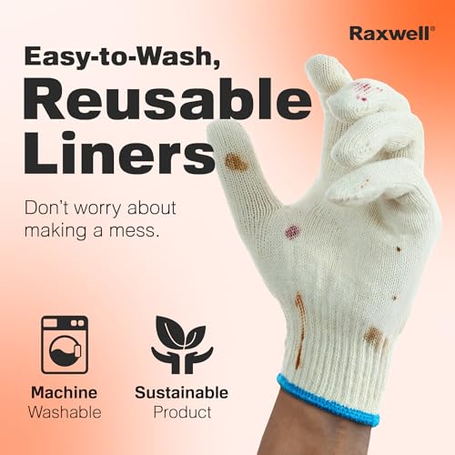 A hand wearing a stained white glove is shown against a gradient background. Text reads: Raxwell BBQ Gloves - Easy-to-Wash, Reusable Liners. No worries about messes. Icons highlight machine washable and sustainable features.