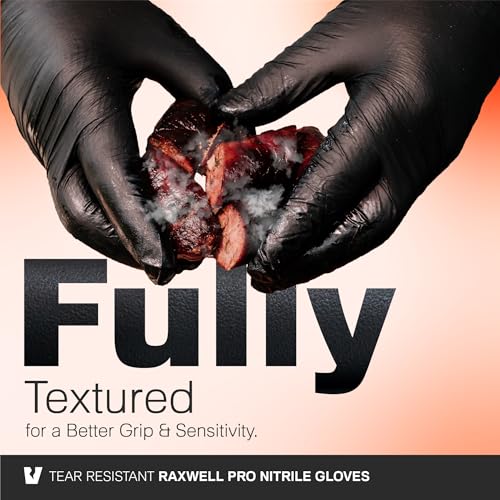 A person wearing Raxwell BBQ Gloves hold cooked hot meat cubes. The text reads: Fully Textured for Better Grip & Sensitivity. Tear Resistant Raxwell BBQ Gloves.