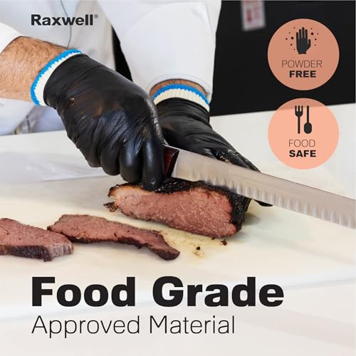 A person wearing Raxwell BBQ Gloves slices cooked meat with a knife on a white cutting board. Overlayed text reads: "Food Grade Approved Material. Powder Free. Food Safe."