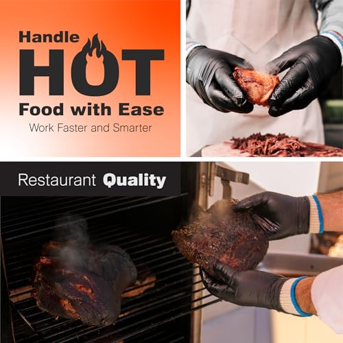 A collage features text “Handle HOT Food with Ease, Work Faster and Smarter” and “Restaurant Quality,” showing Raxwell BBQ Gloves in use to handle, shred, and grill smoked meat.