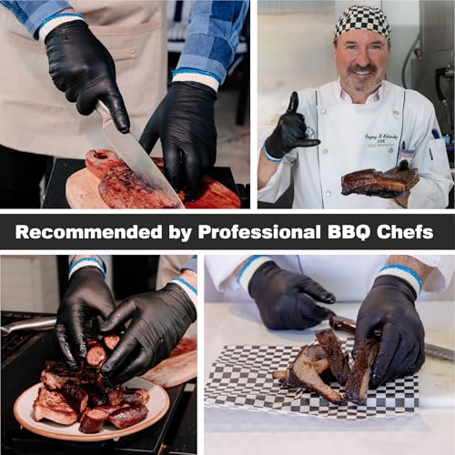Collage of chefs in Raxwell BBQ Gloves slicing, serving, and holding barbecued meat—one smiles and gives a thumbs-up. Center text: “Raxwell BBQ Gloves—Recommended by Professional BBQ Chefs.”.