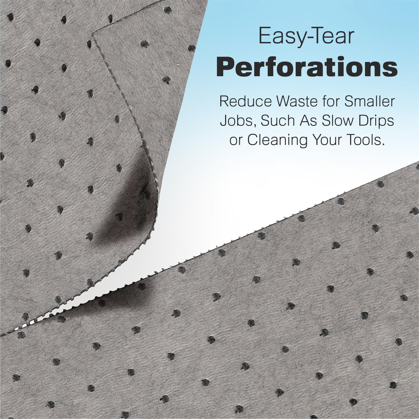A gray absorbent sheet with small perforated dots and a zigzag torn edge is shown. Text describes Easy-Tear Perforations and mentions reducing waste for smaller tasks like cleaning tools or slow drips.