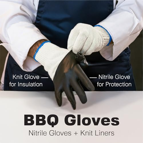 A person in a blue apron wears Raxwell BBQ Gloves—black nitrile gloves over white knit liners. Text: Raxwell BBQ Gloves: Nitrile for protection, knit liner for insulation.
