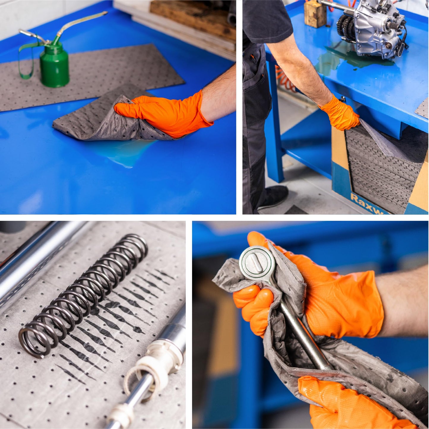 Four images show a person in orange gloves using absorbent pads and cloths to clean up oil spills and mechanical parts in a workshop setting, illustrating maintenance and cleanliness.