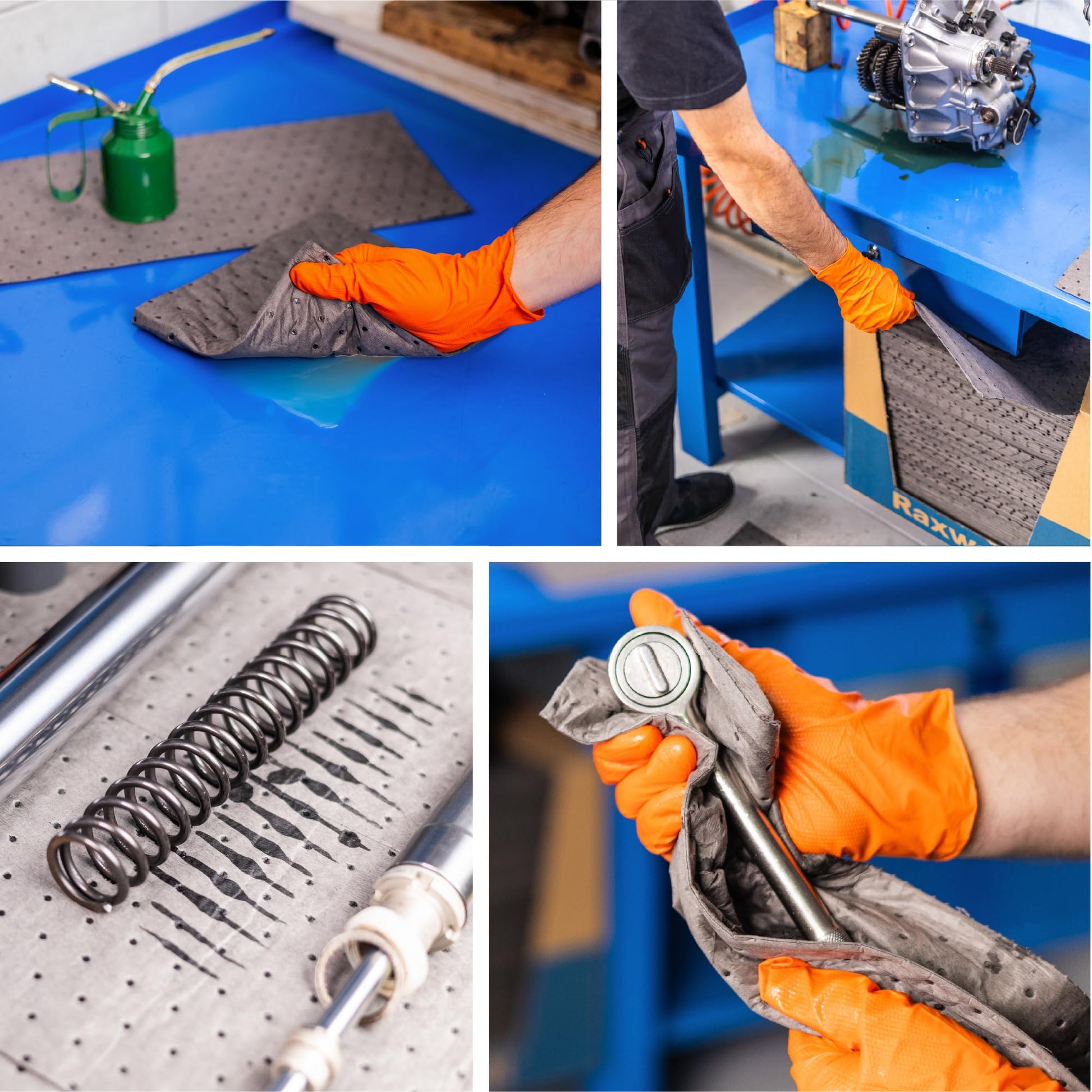 Four images show a person in orange gloves using absorbent pads and cloths to clean up oil spills and mechanical parts in a workshop setting, illustrating maintenance and cleanliness.