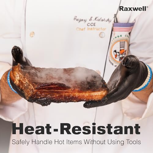 A chef wearing black Raxwell BBQ Gloves and a white coat holds steaming cooked meat. Text: Heat-Resistant. Safely Handle Hot Items Without Tools.