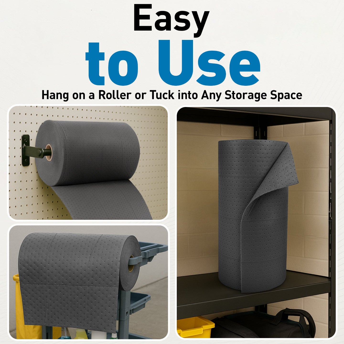 Gray roll of the oil pads being used on a pegboard, under a table, and on a shelf.