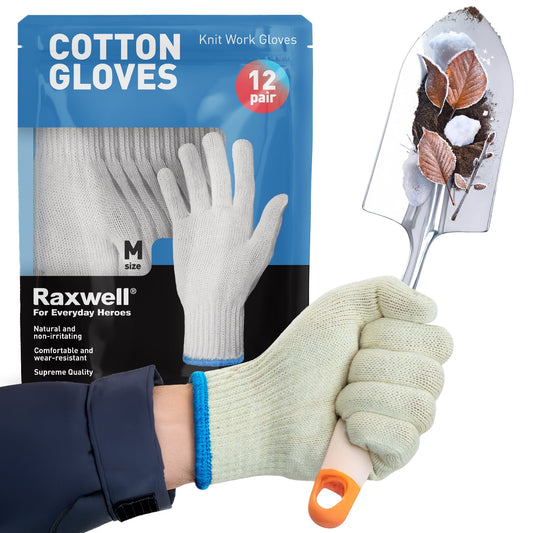 A pack of Raxwell white poly-cotton knit work gloves, showing one glove being worn by a person holding a gardening trowel. Size M