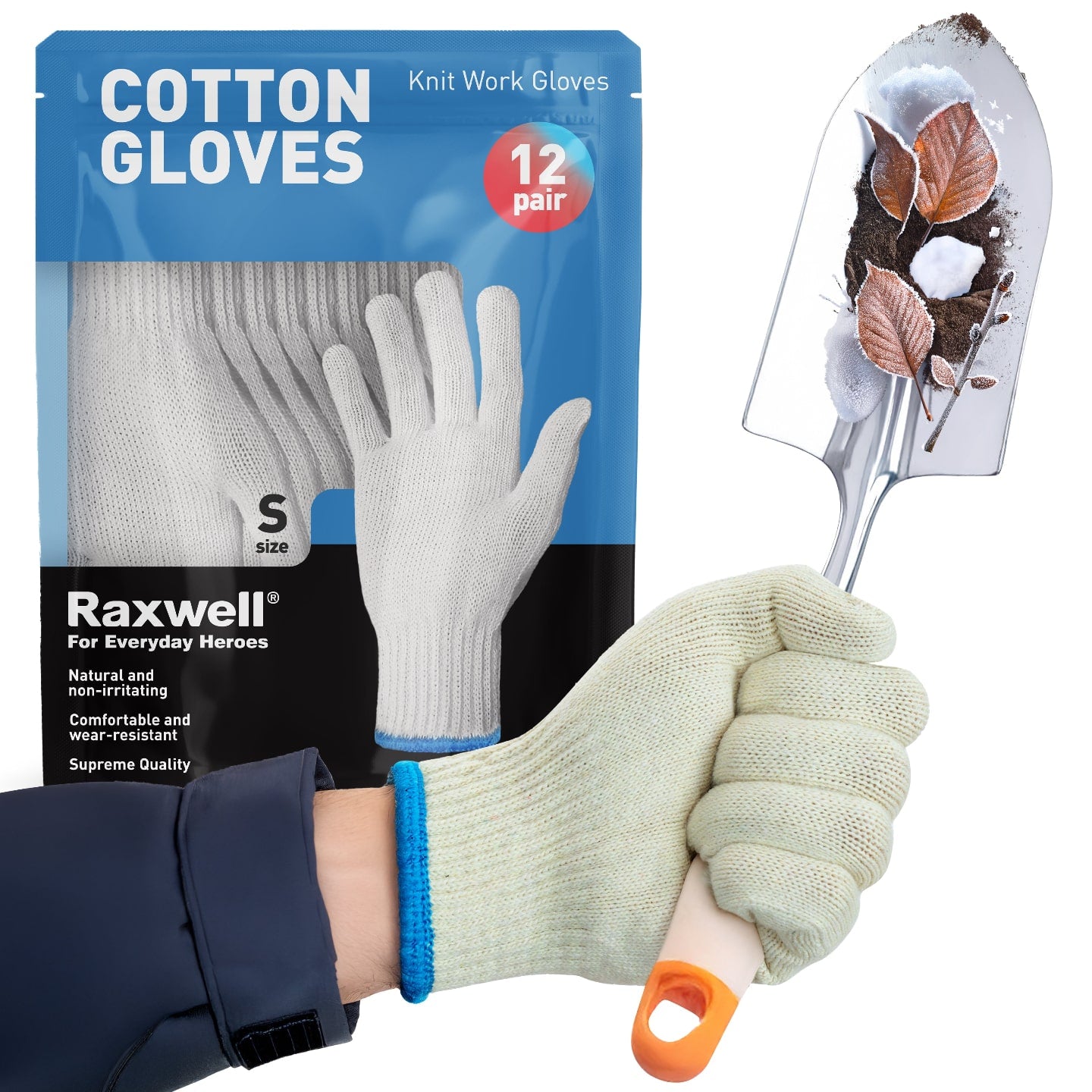 A pack of Raxwell white poly-cotton knit work gloves, showing one glove being worn by a person holding a gardening trowel. Size S
