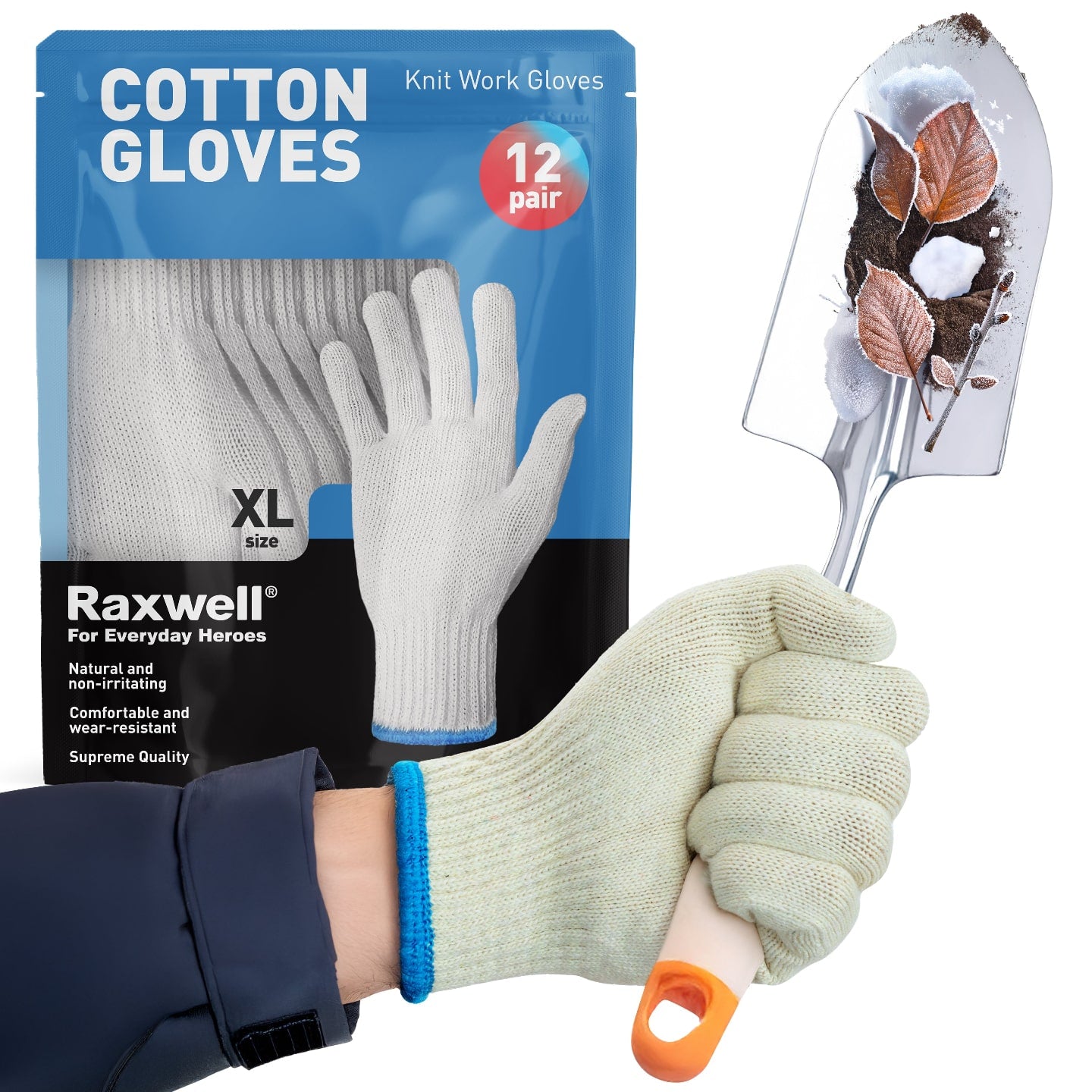A pack of Raxwell white poly-cotton knit work gloves, showing one glove being worn by a person holding a gardening trowel. Size XL