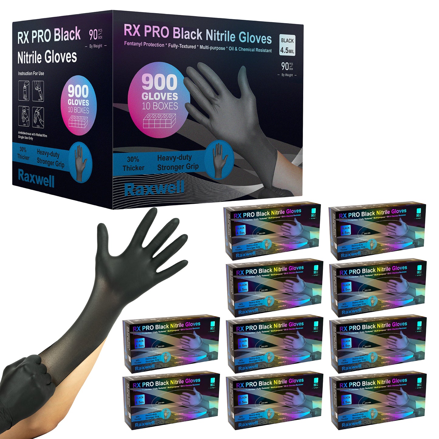 Tower of ten 90-count boxes of black Raxwell 4.5-mil gloves displays diamond texture artwork. Visual markets industrial stock-ups.