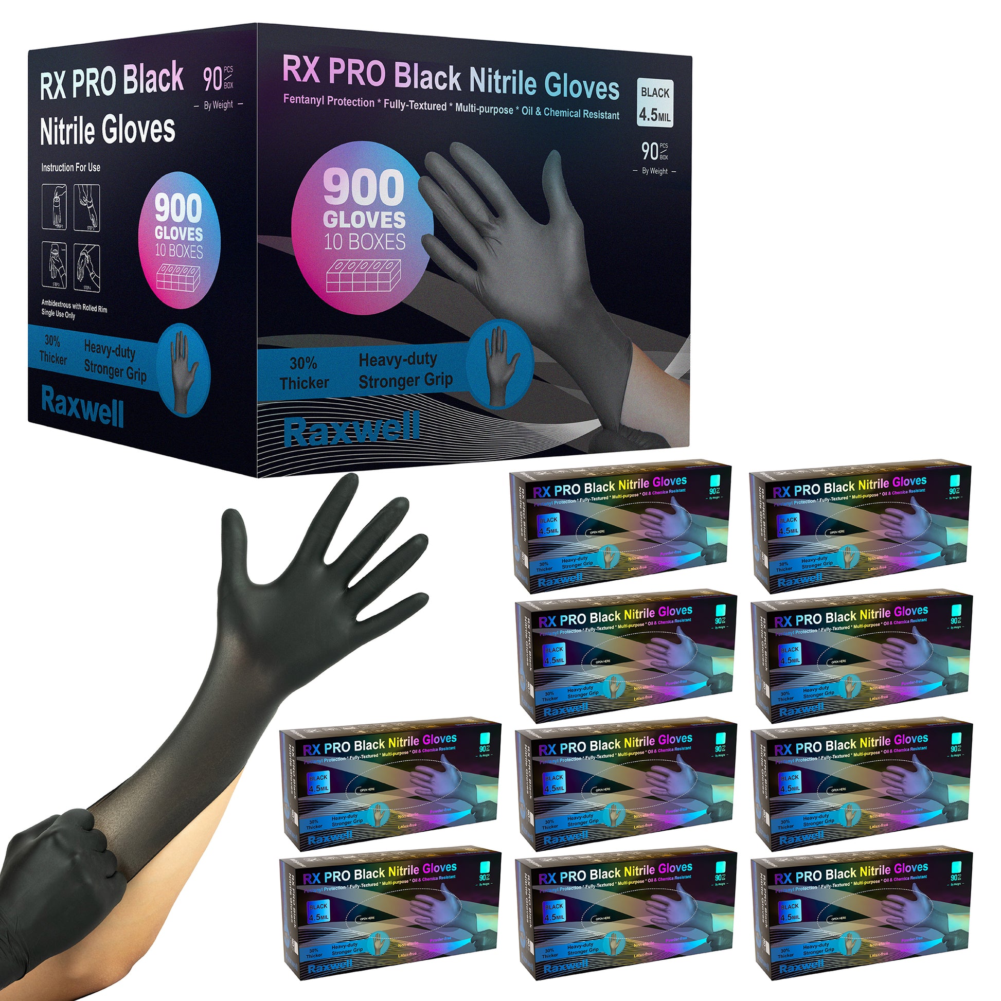 Tower of ten 90-count boxes of black Raxwell 4.5-mil gloves displays diamond texture artwork. Visual markets industrial stock-ups.