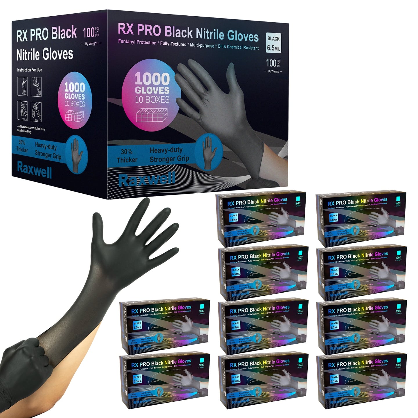 Tower of ten 100-count boxes of black Raxwell 6.5-mil gloves displays diamond texture artwork. Visual markets industrial stock-ups.