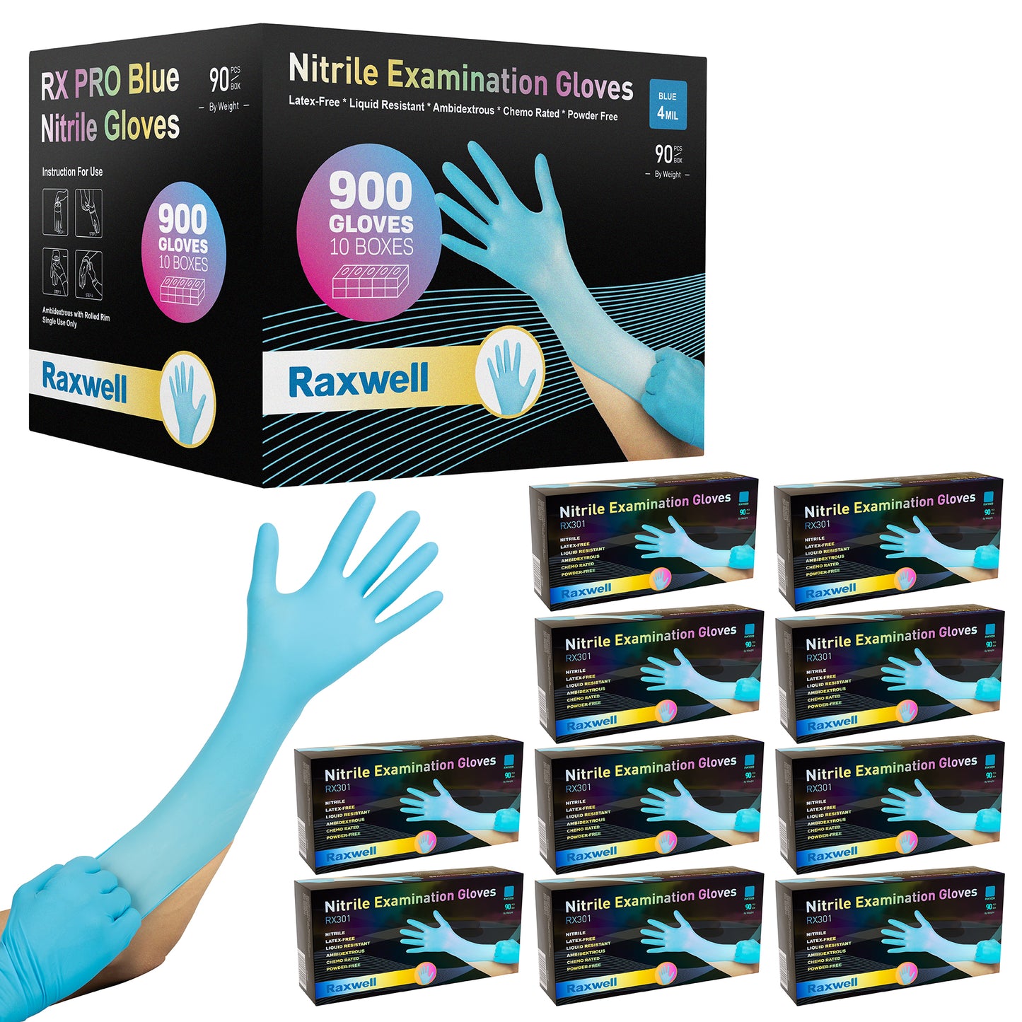 Ten packs of light-blue Raxwell 4-mil nitrile gloves fan out in a display. Image underscores wholesale savings for businesses.