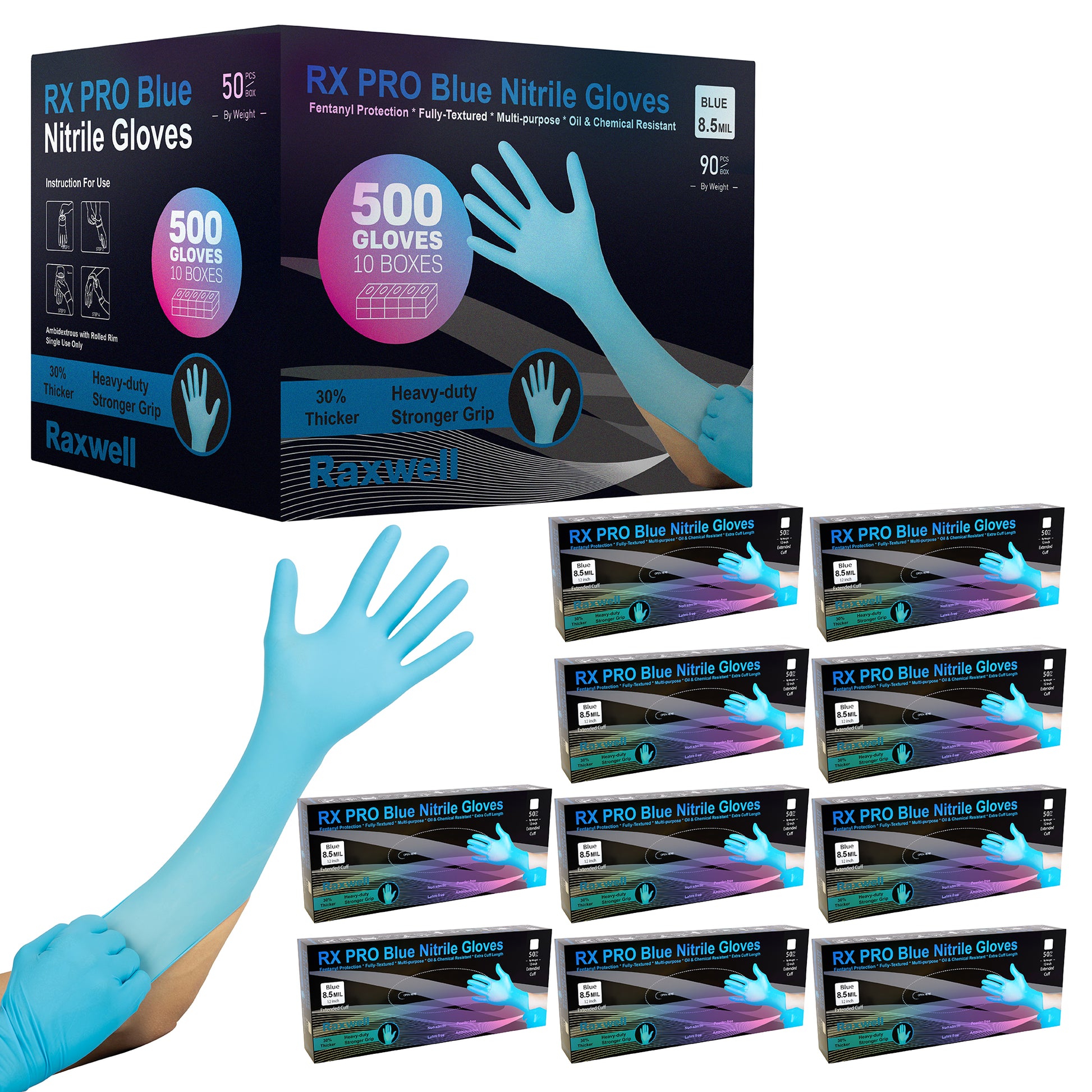 Ten 50-count boxes of blue Raxwell 8.5-mil gloves stacked with a loose glove sample. Photo conveys premium strength in volume.