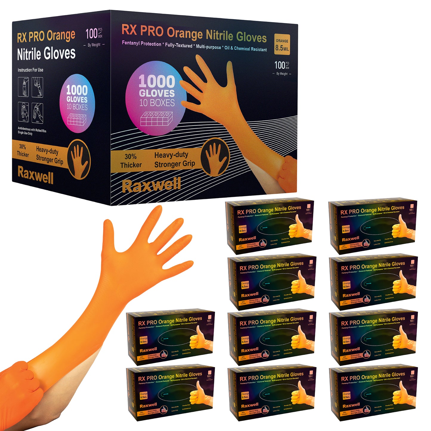 Set of ten boxes of orange Raxwell 8.5-mil gloves lined up for contractors. Picture sells bulk purchasing power for heavy-duty tasks.