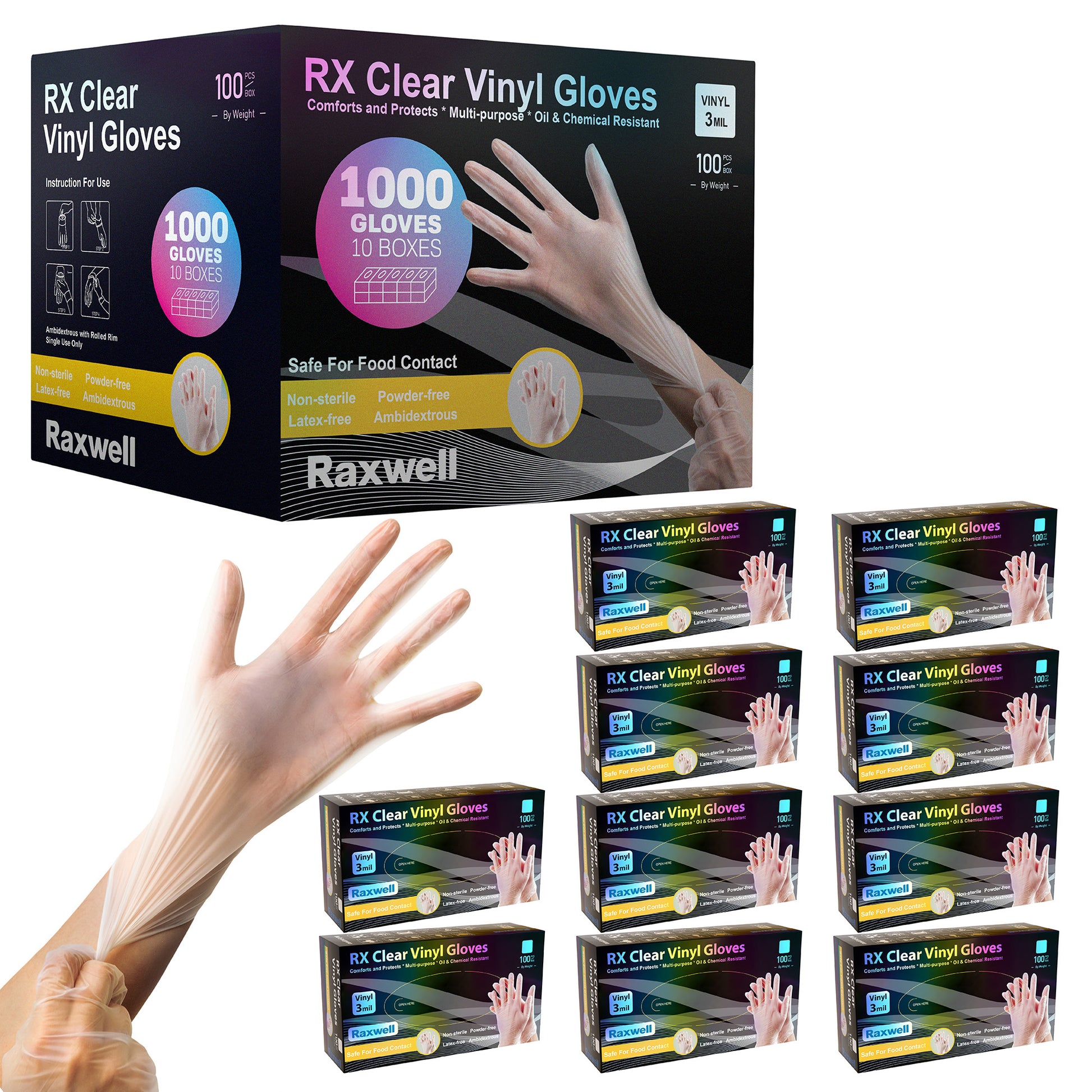 Collage displays ten 100-count boxes of Raxwell 3-mil vinyl gloves stacked for bulk purchase. Visual targets value shoppers seeking clear disposable gloves.