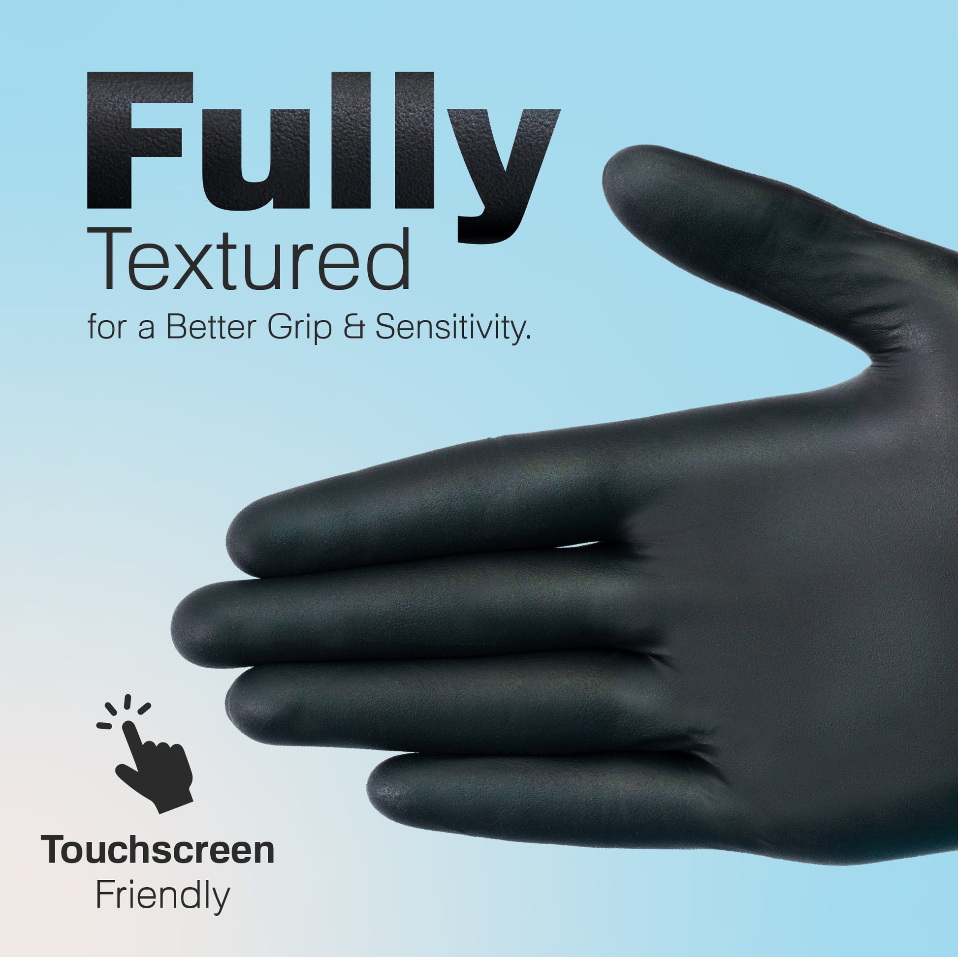 Close-up of diamond-textured black Raxwell glove fingers under “Diamond Grip.” Image emphasizes slip-free control.
