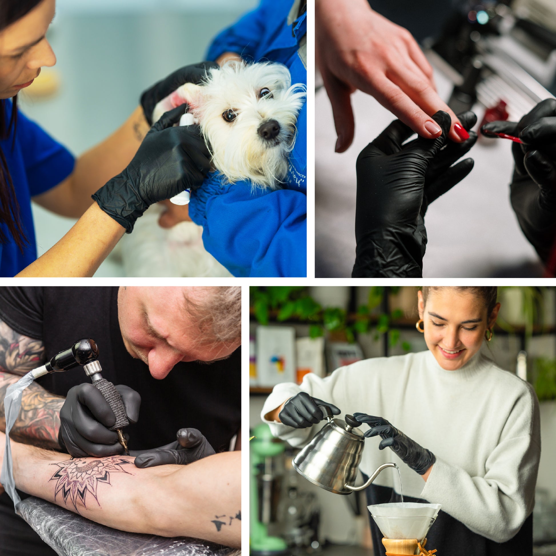 Four-panel collage of black Raxwell 4.5-mil gloves cleaning, wrenching, cooking and lab testing. Image advertises versatile everyday applications.