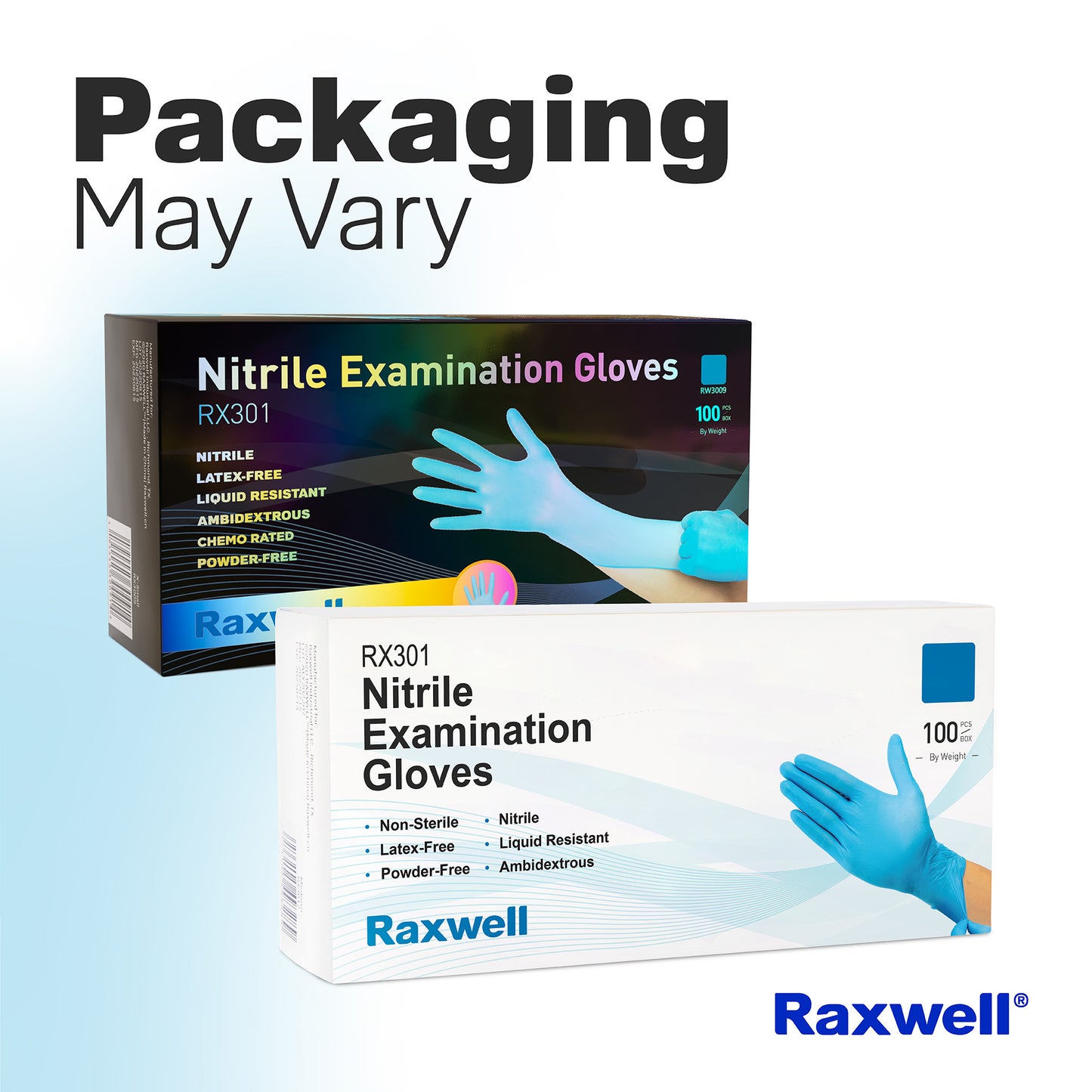 Graphic shows two packaging styles for Raxwell RX301 blue 4.5-mil gloves beneath “Packaging May Vary.” Image reassures users of consistent quality.