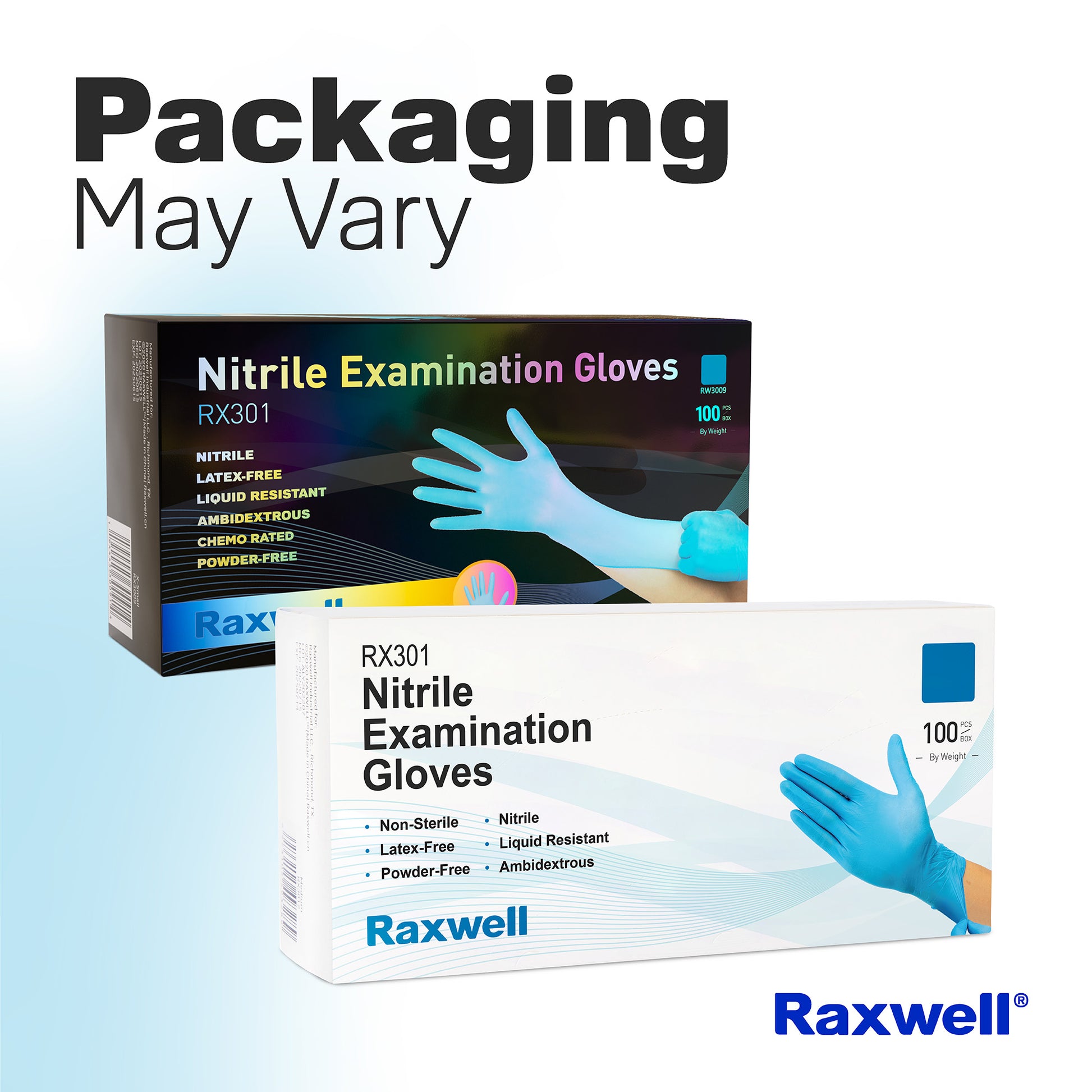 Graphic shows two packaging styles for Raxwell RX301 blue 4.5-mil gloves beneath “Packaging May Vary.” Image reassures users of consistent quality.