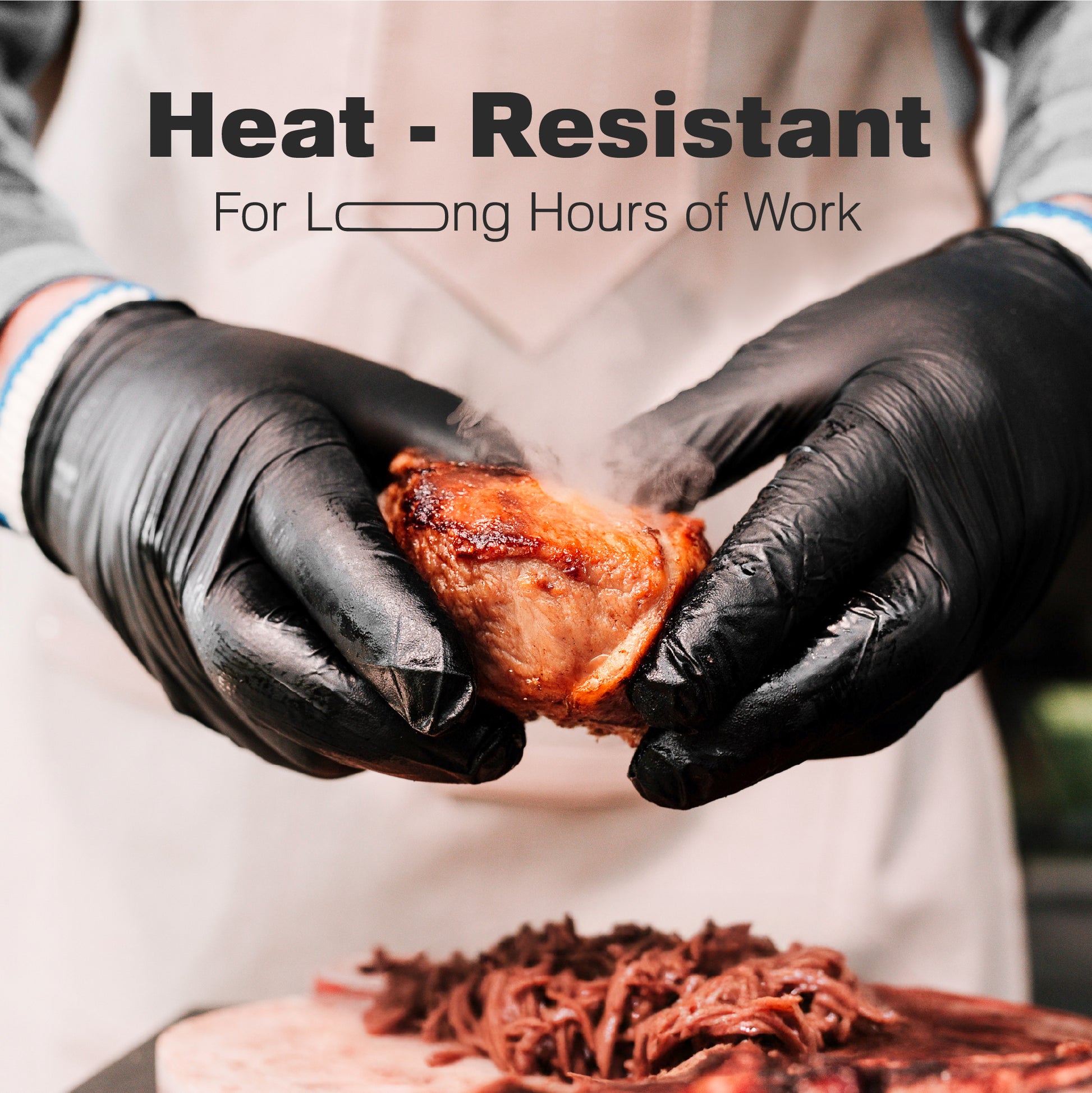 A person wearing Raxwell black heat-resistant BBQ gloves holds a hot piece of roasted meat, with shredded meat on a cutting board below. Text above reads, Heat-Resistant For Long Hours of Work.