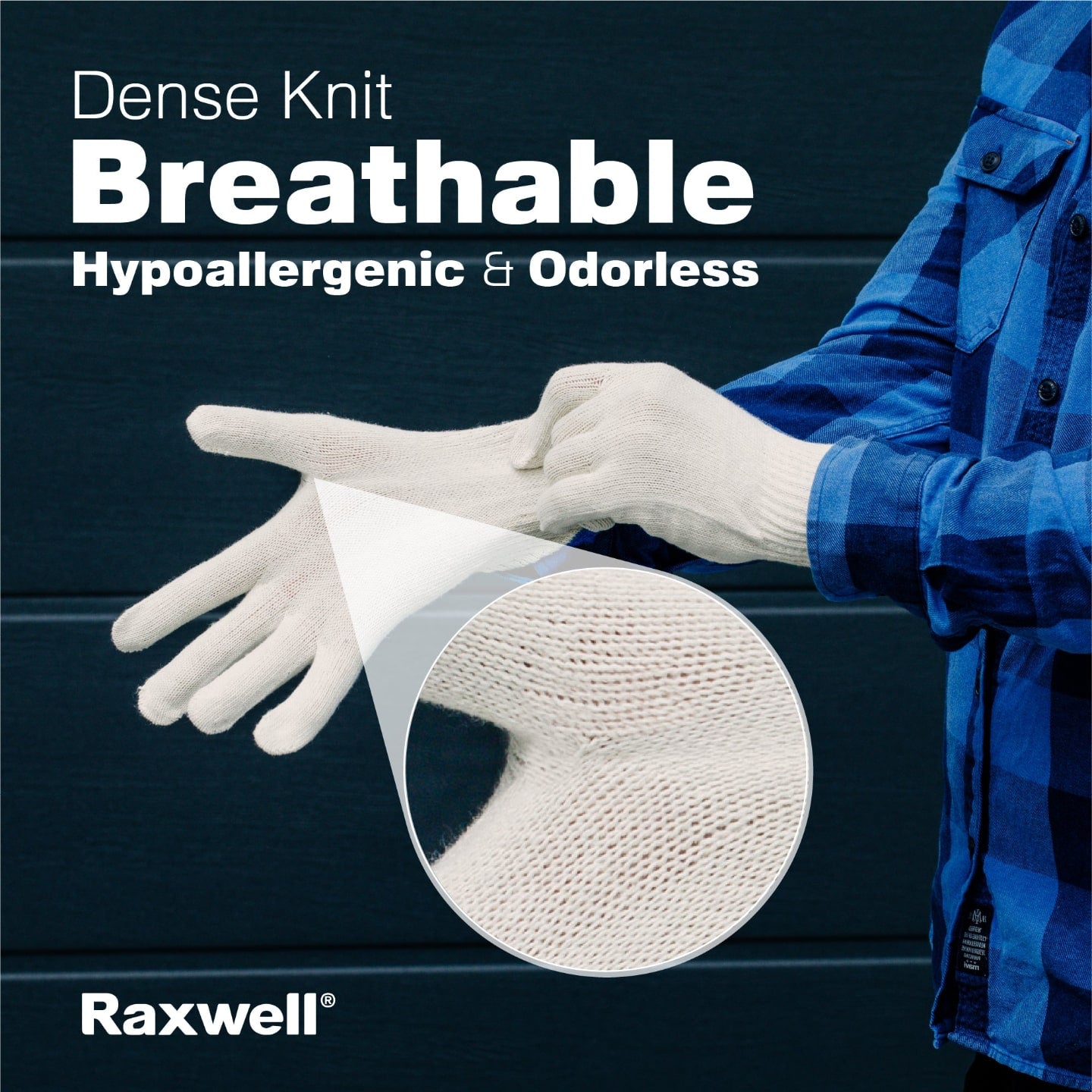 A hand wearing a white knit work glove with a blue cuff is shown against a light blue background. Text reads, Knit Work Gloves: Natural and Non-irritating, Supreme Quality, Comfortable. The brand name Raxwell is at the bottom.