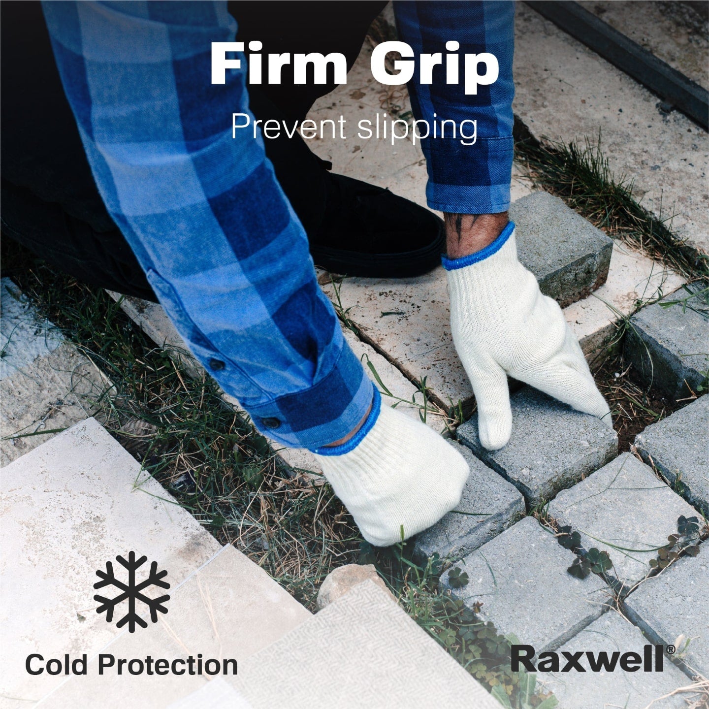 Person wearing cotton knit gloves and a blue plaid shirt lifts a concrete paver; text highlights firm grip, slip prevention, and cold protection with Raxwell branding.