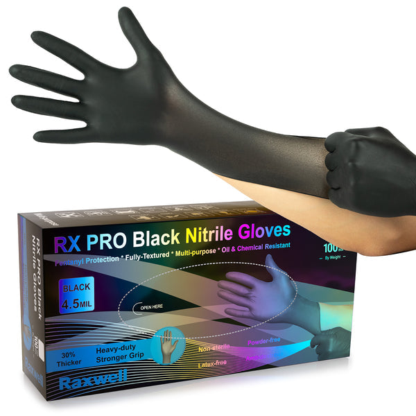 Arm pulls a long black Raxwell RX PRO nitrile glove over sleeve near a 100-count box marked 4.5 mil. Image showcases extended cuff and heavy-duty packaging.