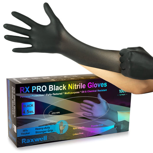 Arm pulls a long black Raxwell RX PRO nitrile glove over sleeve near a 100-count box marked 4.5 mil. Image showcases extended cuff and heavy-duty packaging.