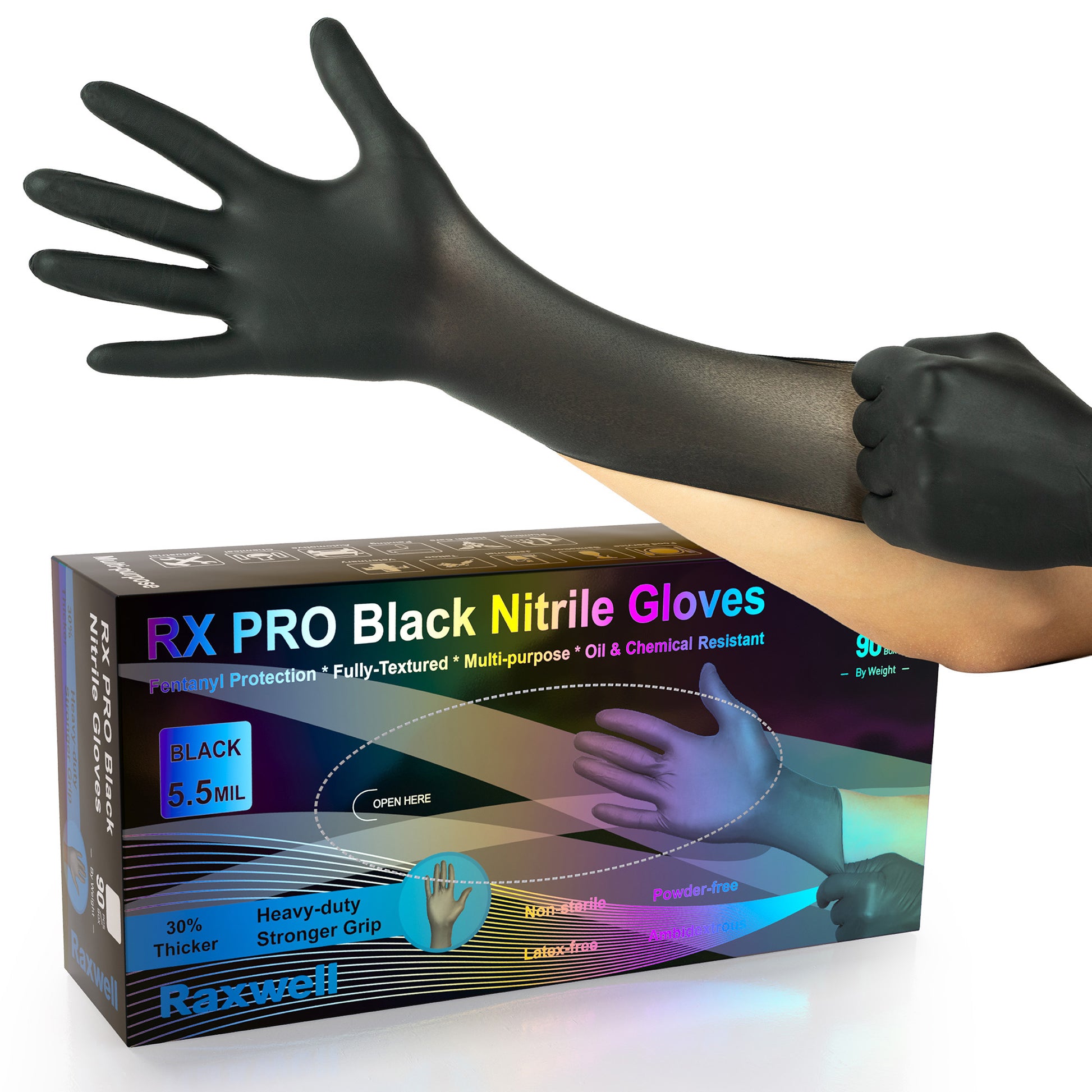 Box of 90 black Raxwell 5.5-mil nitrile gloves sits open with a glove draped over top. Picture focuses on compact yet heavy-duty packaging.