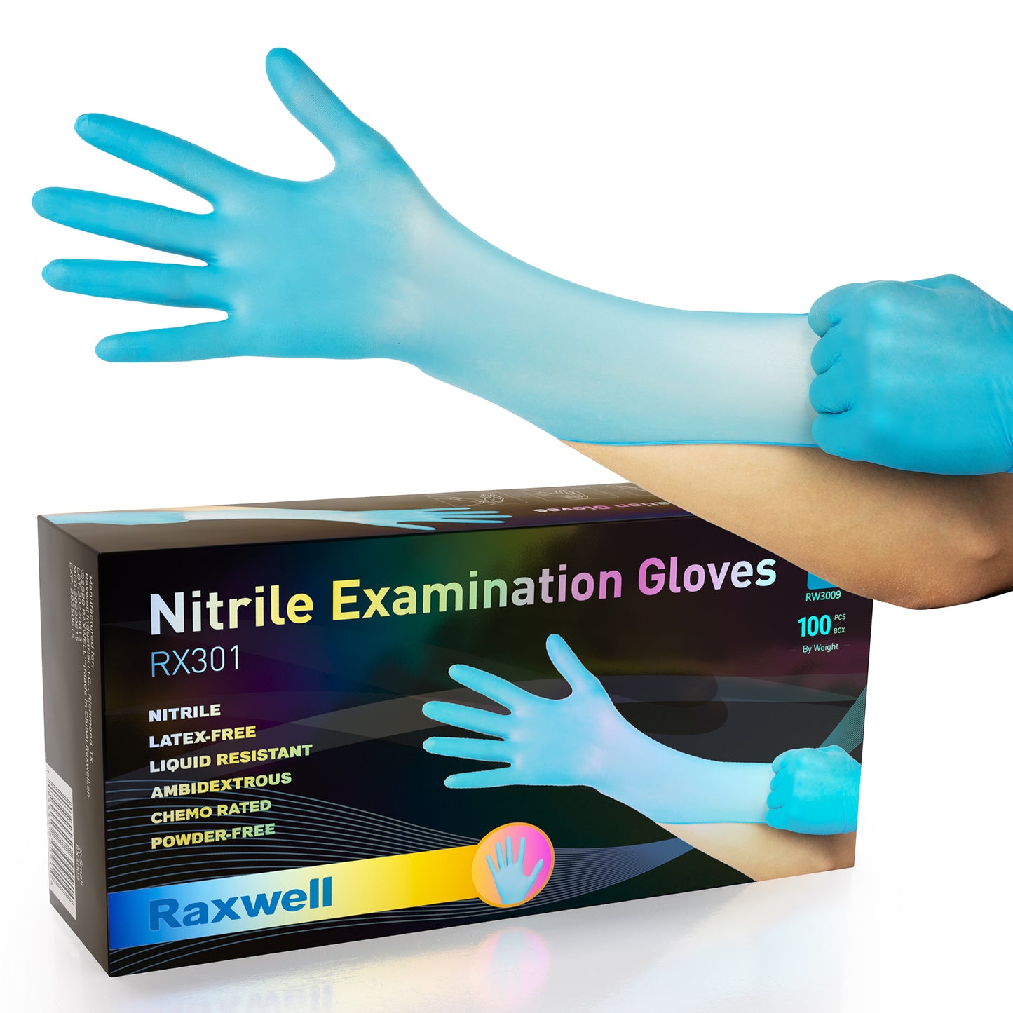 Light-blue Raxwell 4-mil glove is pulled tight above a 100-count box noting exam-grade, latex-free design. Image stresses comfort and flexibility.