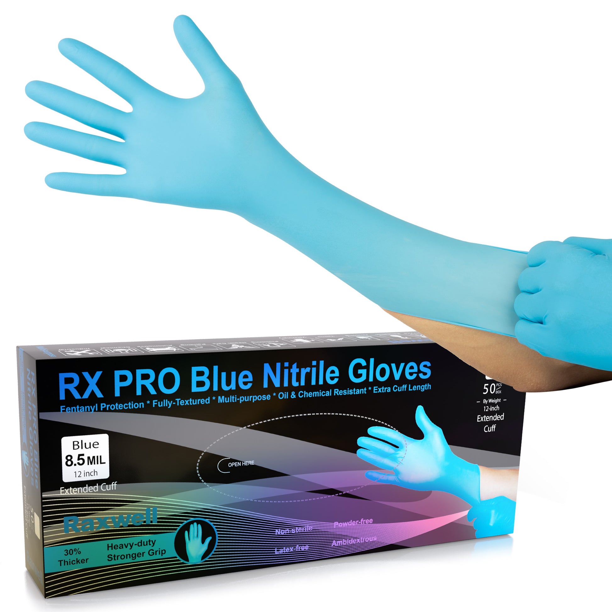 Extended-cuff blue Raxwell 8.5-mil glove shown above a 50-count box. Visual highlights splash protection for harsh environments.