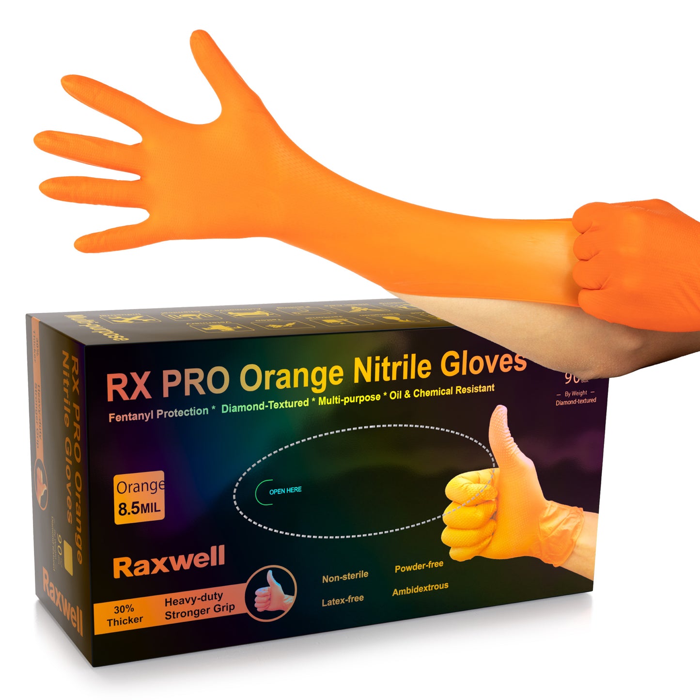 Bright orange Raxwell 6.5-mil nitrile glove stretches over a hand beside a 90-count box labeled chemical-resistant. Photo emphasizes diamond texture for grip.