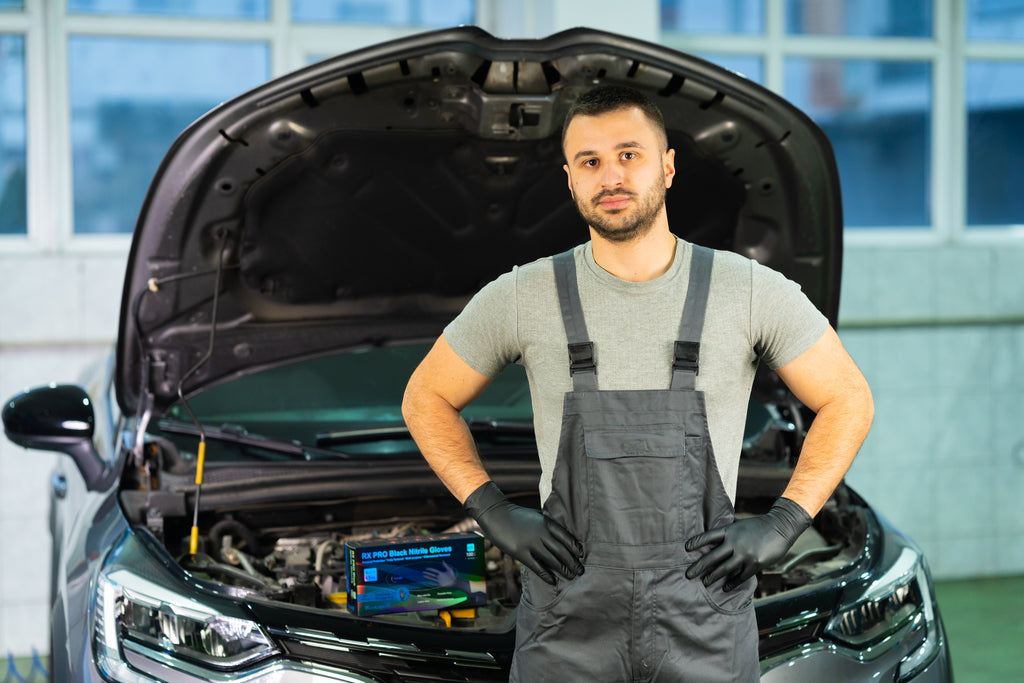 Mechanic stands by an open hood with a Raxwell glove box on the engine. Portrait positions the brand as trusted shop gear.