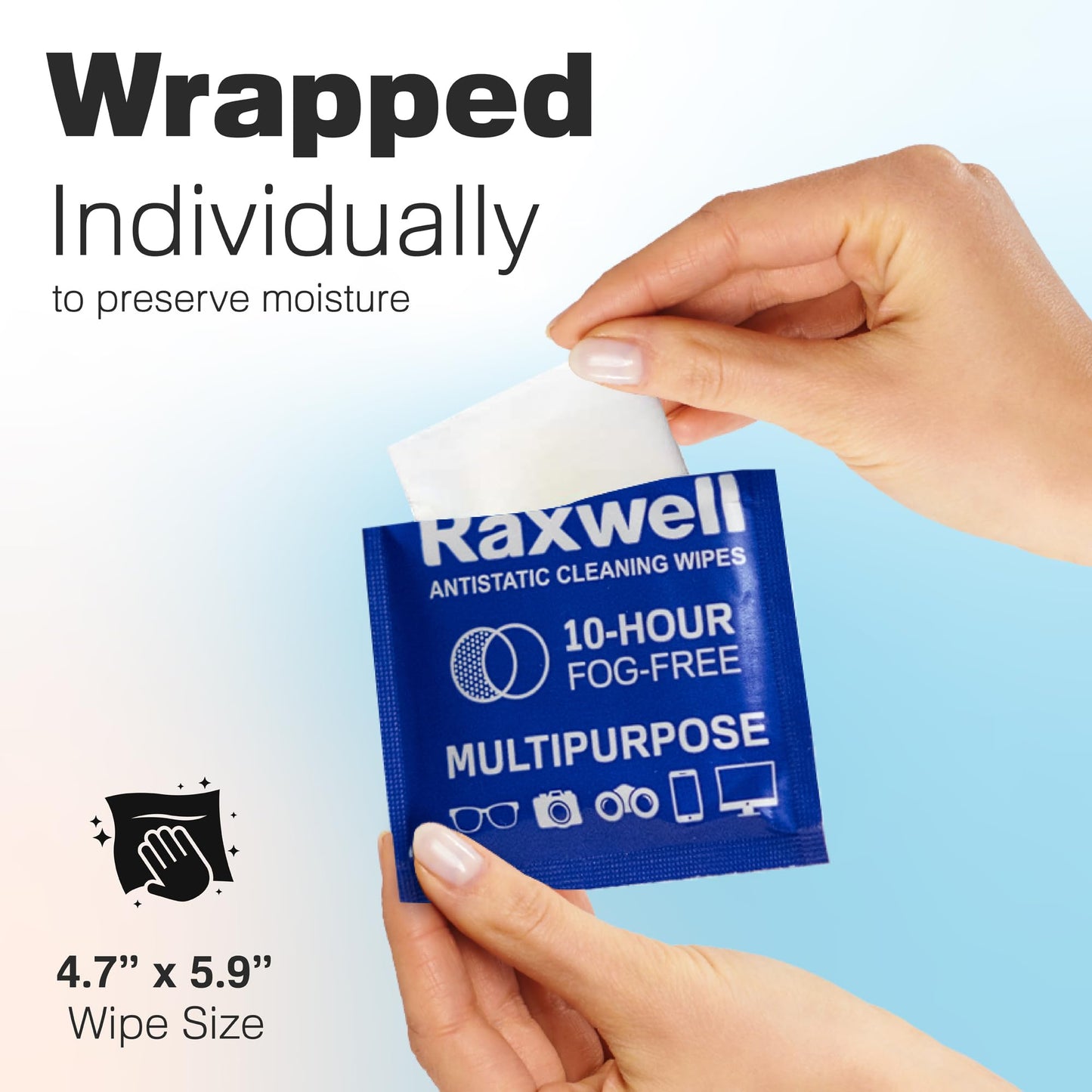 Hand pulls a wipe from a blue Raxwell packet labeled 10-hour fog-free. Text states the wipes are individually wrapped to preserve moisture.