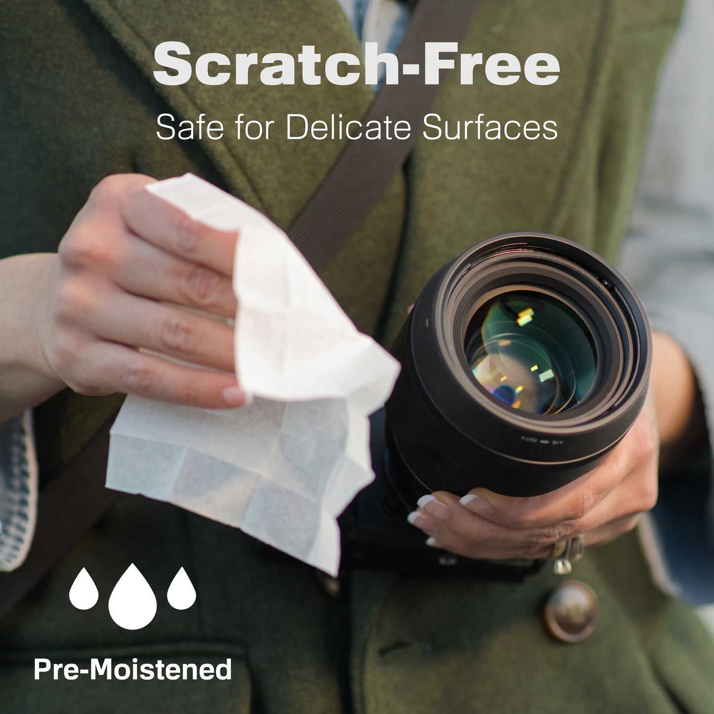 Person cleans a camera lens using a white Raxwell wipe under “Scratch-Free” headline. Icons note the pre-moistened sheet’s safety on delicate surfaces.