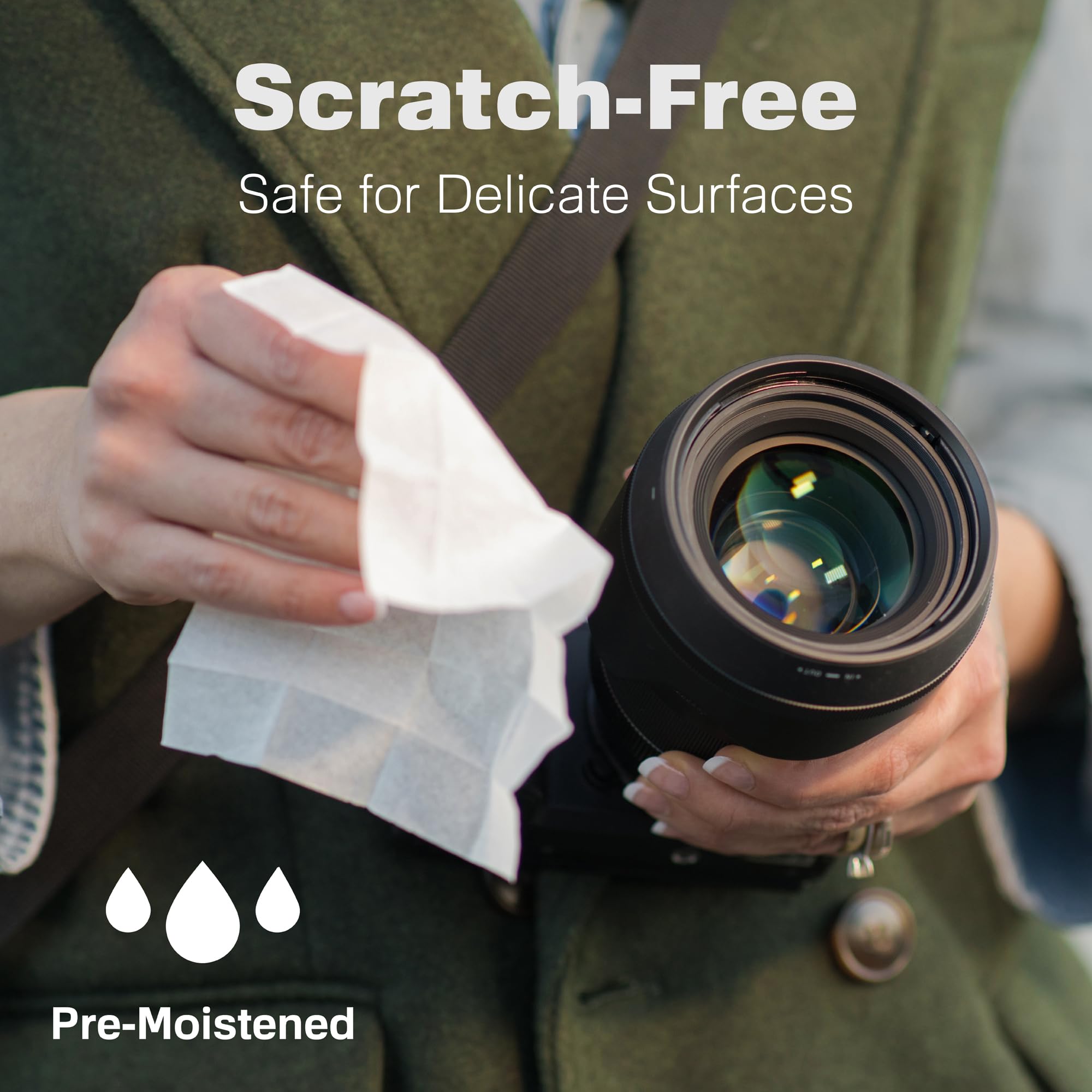Person cleans a camera lens using a white Raxwell wipe under “Scratch-Free” headline. Icons note the pre-moistened sheet’s safety on delicate surfaces.
