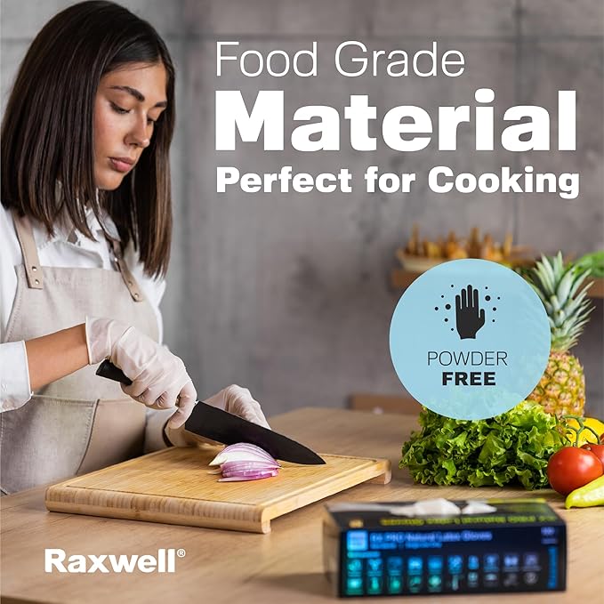 Chef chops produce while wearing cream Raxwell latex gloves and powder-free badge. Photo reiterates the glove’s food-safe status.
