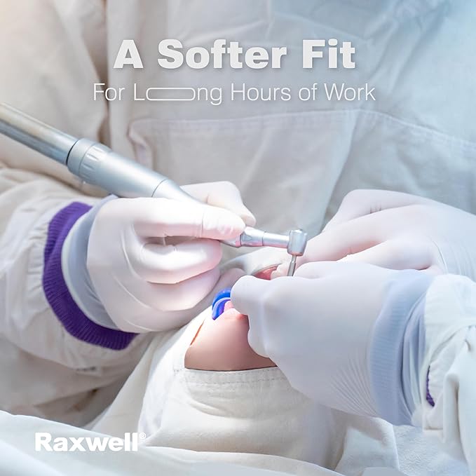 Dentist adjusts an overhead lamp mid-procedure while sporting supple Raxwell latex gloves beneath the text “A Softer Fit for Long Hours of Work.” Image highlights all-day comfort and tactile sensitivity for precise tasks.