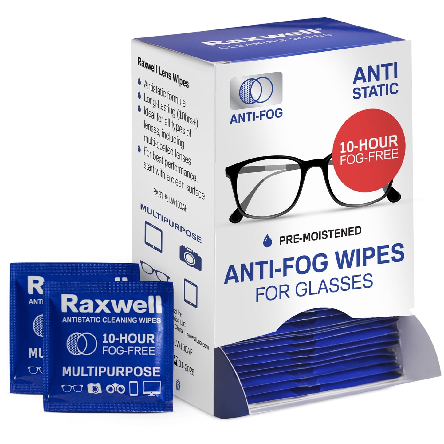 Dispenser box of Raxwell anti-static wipes for glasses sits with two foil packets. Photo spotlights 10-hour fog-free promise and retail packaging.