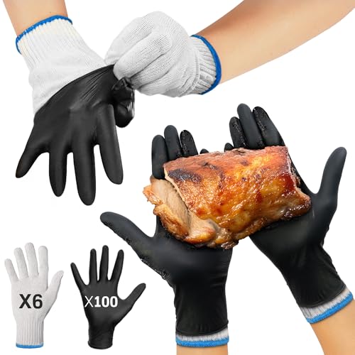A set of black disposable nitrile grill gloves, shown in various sizes, with white cotton liners and additional blue and white gloves pictured holding a cooked ham, indicating their use for handling hot foods.