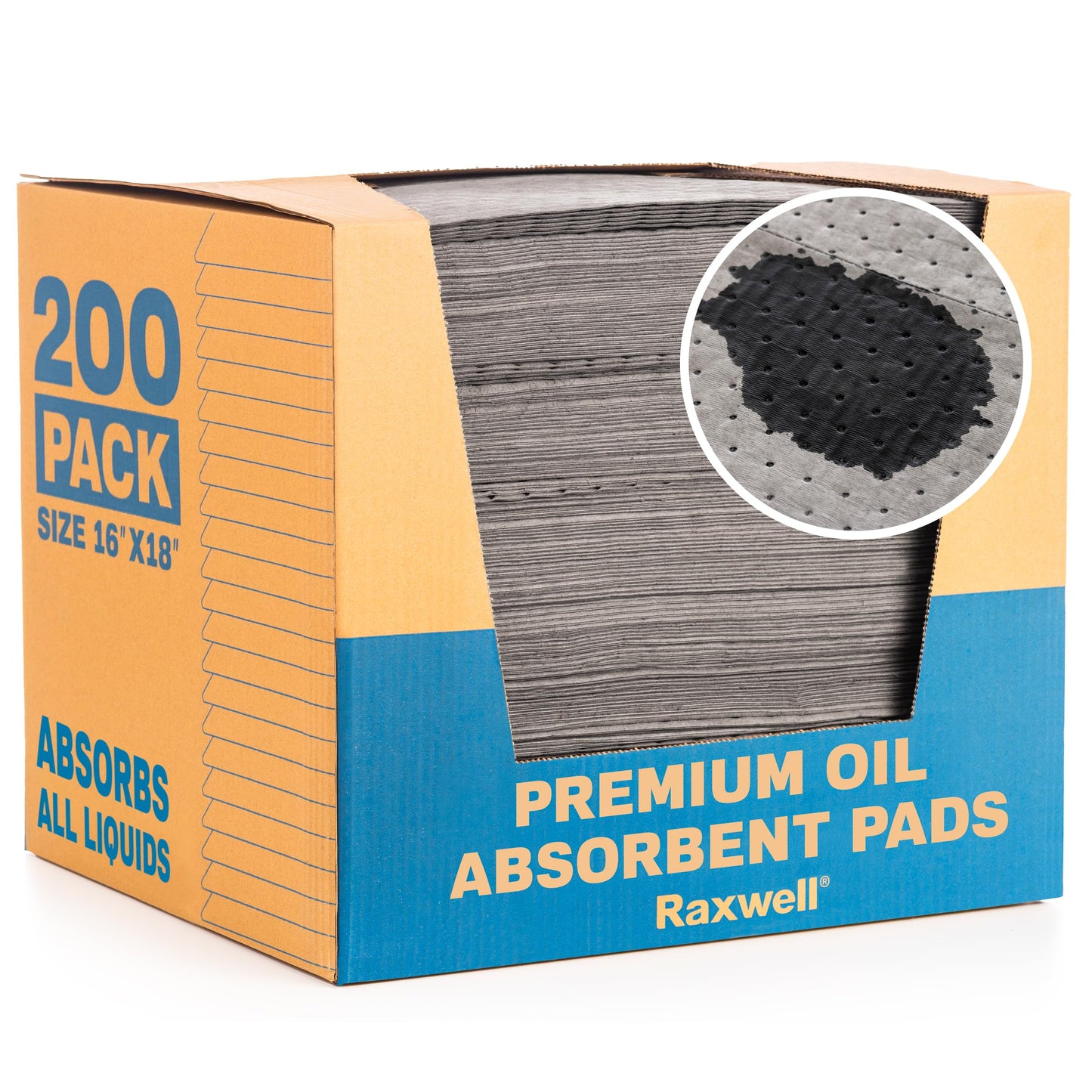 A box of 200 premium oil absorbent pads by Raxwell, size 16x18, with a close-up inset showing the pad texture. The packaging is blue and orange and states Absorbs all liquids.
