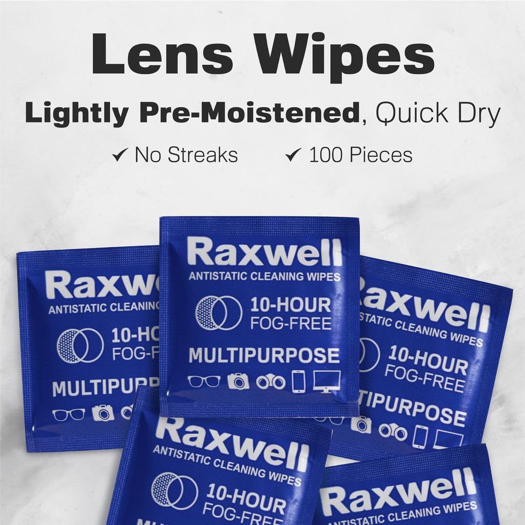 Stack of blue Raxwell anti-fog lens-wipe sachets under title “Lightly Pre-Moistened.” Image highlights 100 streak-free wipes per box.