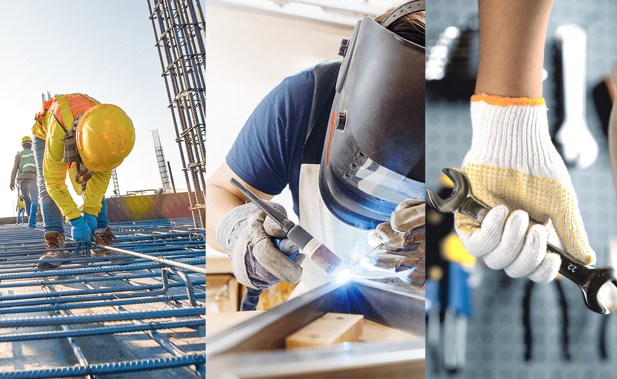 Three-panel collage: construction workers tying rebar, welder sparking metal, and cotton-gloved hand gripping a wrench. Conveys Raxwell’s broader PPE lineup for industrial trades.