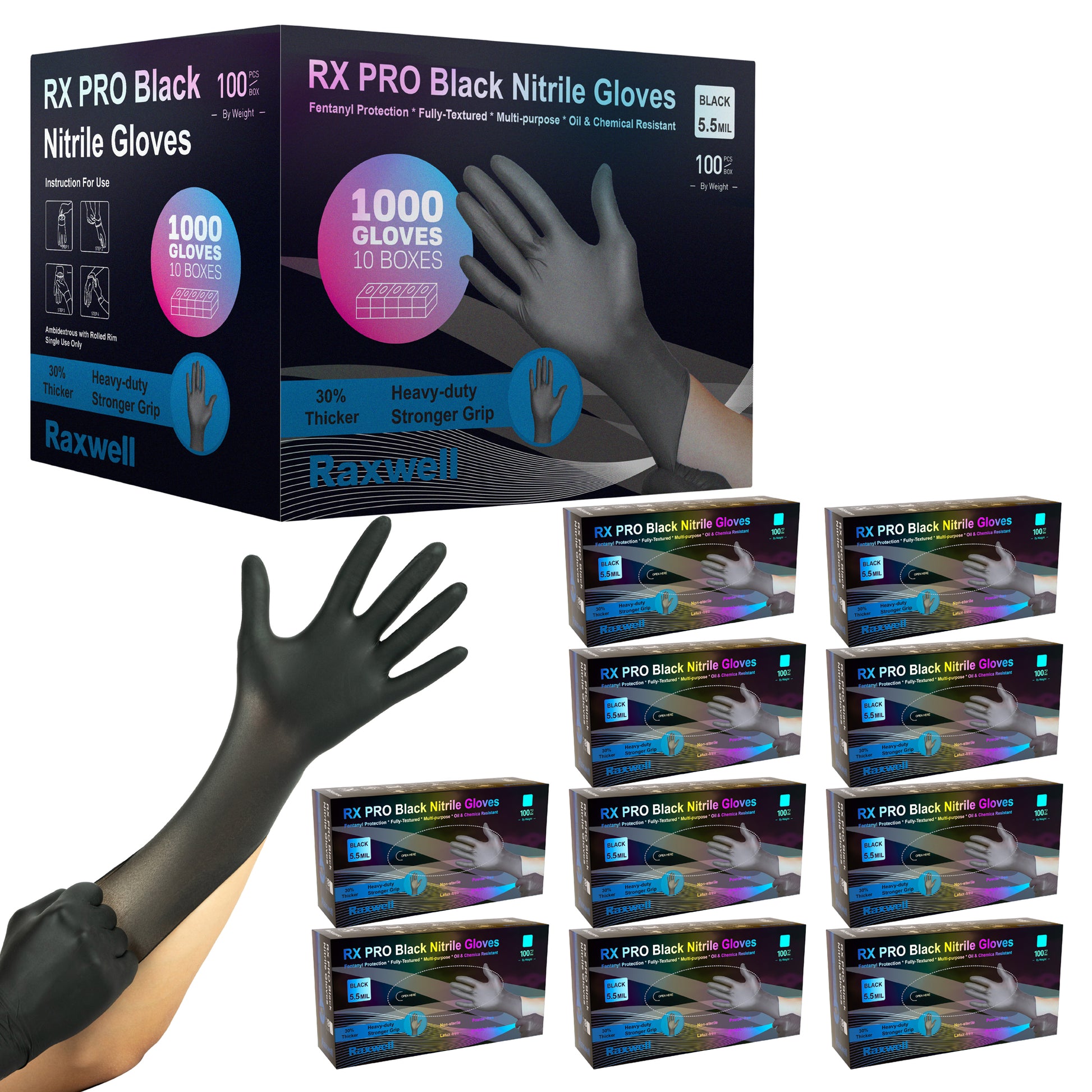 Tower of ten 100-count boxes of black Raxwell 5.5-mil gloves displays diamond texture artwork. Visual markets industrial stock-ups.