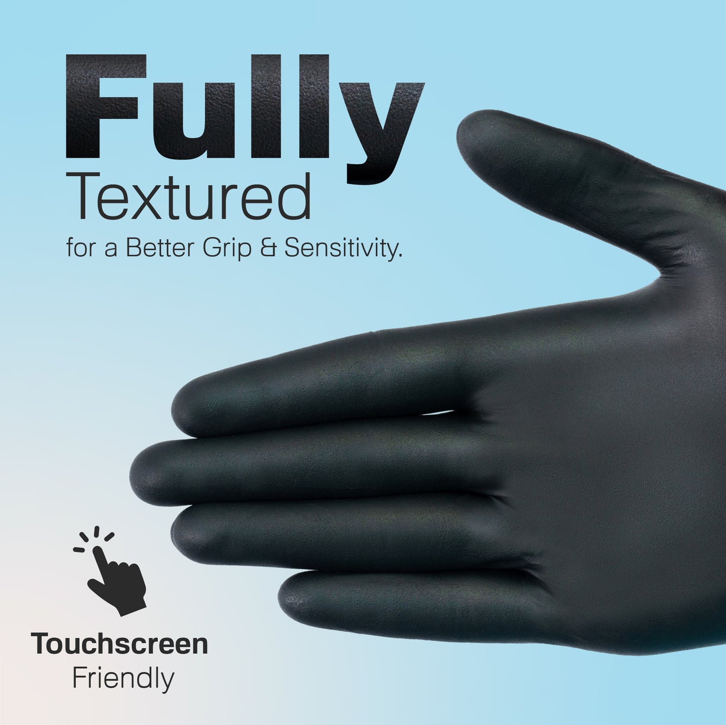 Macro of diamond-texture on slim black glove with “Diamond Grip” headline. Emphasizes secure hold for Raxwell users.