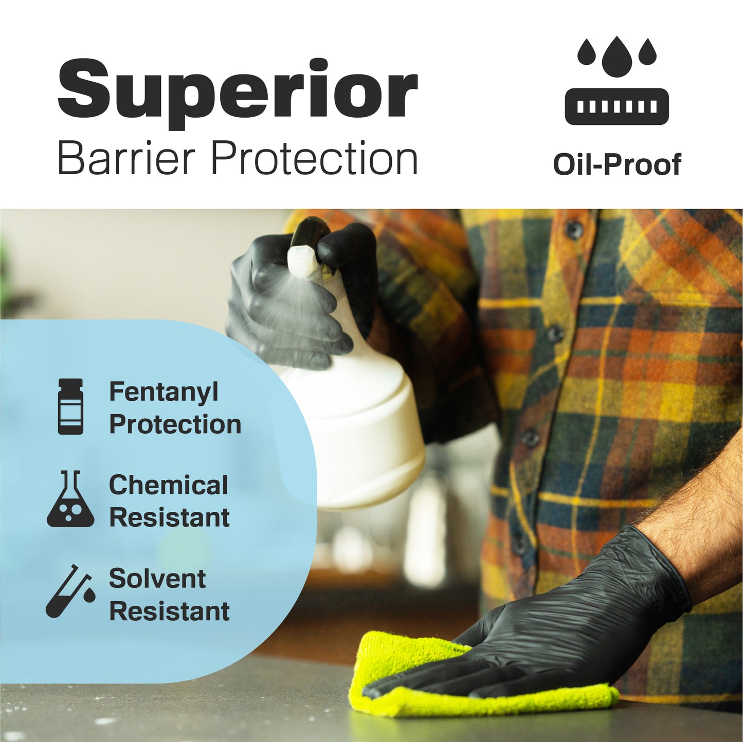 Black glove wipes countertop while overlay highlights oil-proof, fentanyl, chemical and solvent resistance. Communicates barrier benefits.